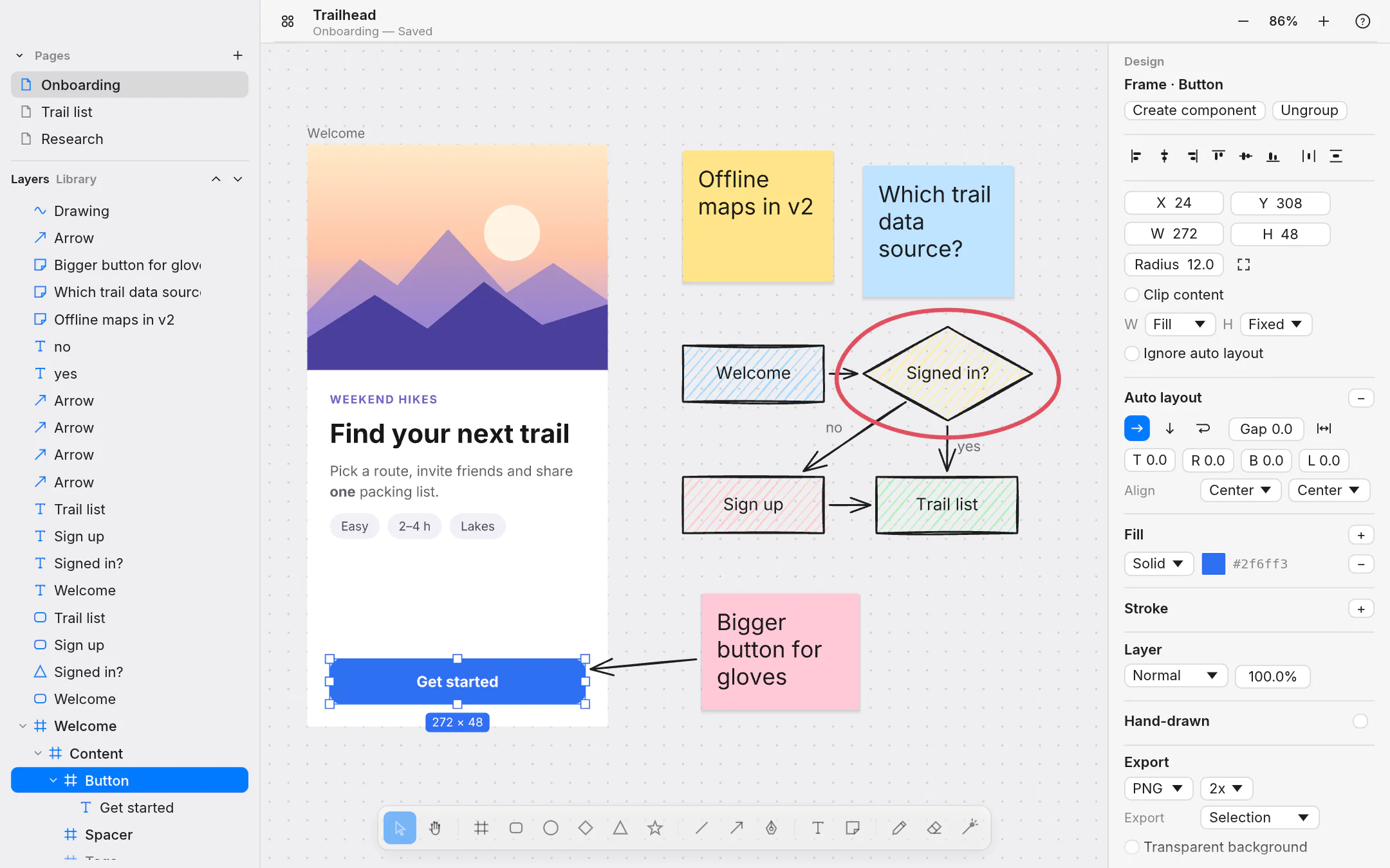 paper-rs in light mode: a phone screen design with its button selected, next to a hand-drawn flow chart and sticky notes